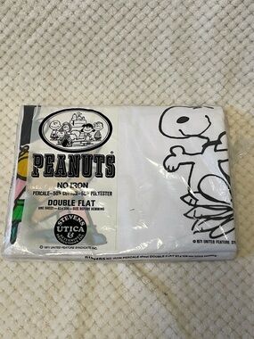 Vintage 1971 Peanuts Snoopy Double Flat Sheet - White with Black Graphics